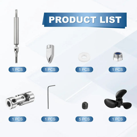 Beefed Up RC Boat Drive Shaft Kit With Three Propellers and Coupling Joint components displayed on product list