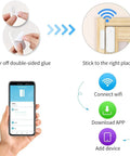 One Pack Smart Door And Window Sensor Tracking Entries To Keep Your Pad Secure While Sending Instant Push Alerts For Straight Up Home Protection And Hands Free Voice Command installation process with a smartphone and adhesive.