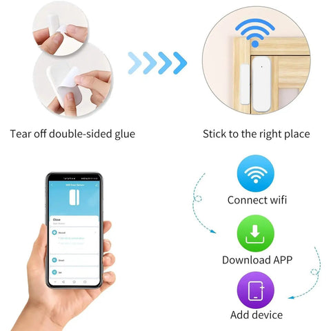 One Pack Smart Door And Window Sensor Tracking Entries To Keep Your Pad Secure While Sending Instant Push Alerts For Straight Up Home Protection And Hands Free Voice Command installation process with a smartphone and adhesive.