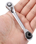 Compact Dual Head Ratchet Wrench With Reversible Bit Driver And Spanner For Tight Spaces held in hand showing size and alloy steel build