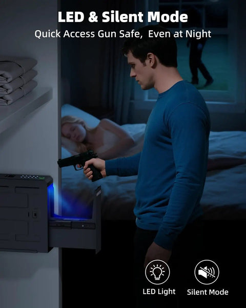 Slick Fingerprint Biometric Gun Safe With Slider Bedside Design For Handgun Quick Access nightstand setup with LED light.