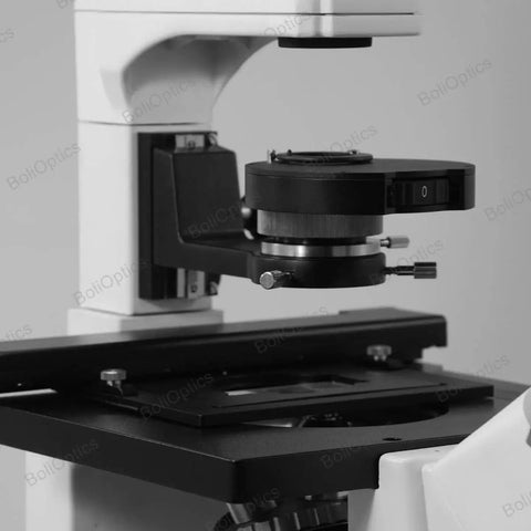 Inverted Fluorescence Microscope 100X-400X, Trinocular With Halogen Lighting, Go-To Pro Grade Lab Imaging For Biology And Research, Easy Setup, Durable Build, High-Contrast Views, Adjustable Focus, Model FM02020303, black stage close-up