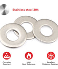 Front view of three #10 stainless steel flat washers, 1/2 in outer diameter, 304 stainless.