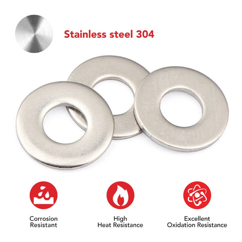 Front view of three #10 stainless steel flat washers, 1/2 in outer diameter, 304 stainless.