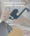 Proximity Sensor Earpiece Flex Cable Replacement For iPhone 15 With Metal Bracket And Ambient Light Sensor Fix A High Quality Repair Part For Quick DIY Phone Repairs installed on screen assembly backside.