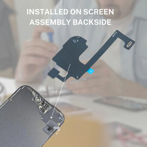 Proximity Sensor Earpiece Flex Cable Replacement For iPhone 15 With Metal Bracket And Ambient Light Sensor Fix A High Quality Repair Part For Quick DIY Phone Repairs installed on screen assembly backside.