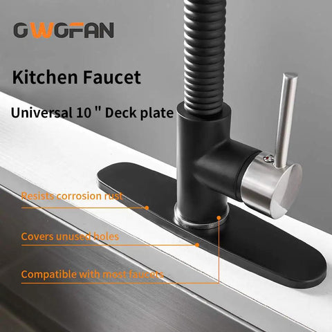 10 Inch Stainless Steel Hole Cover Deck Plate Escutcheon For Bathroom Or Kitchen Faucet Single Hole To Two Or Three Hole Adapter Black Finish No Fuss Quick Install Ideal For Modern Kitchens And Bathrooms shown with faucet installed