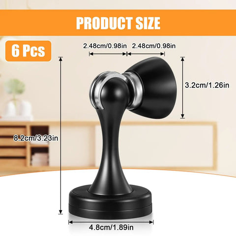 Six Pack Magnetic Door Stops Heavy Duty Stainless Steel Black Finish Wall Or Floor Mount Keeps Doors Open Prevents Slams Protects Walls Hands Free When Carrying Items, showing product size dimensions with black finish.