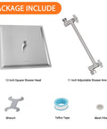 Package contents of High Pressure 12 Inch Square Rain Shower Head With Arm In Brushed Nickel, includes wrench and tape