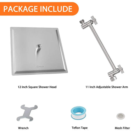 Package contents of High Pressure 12 Inch Square Rain Shower Head With Arm In Brushed Nickel, includes wrench and tape
