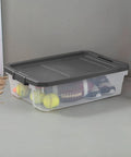 Box Stacker Modular Clear 40 Quart Storage Bin For Easy Organization And Space Saving Stackable See Through Plastic Container With Durable Build And Latching Lid No Fuss Garage Pantry And Closet 14743V06 filled with sports equipment