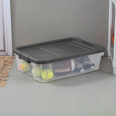 Box Stacker Modular Clear 40 Quart Storage Bin For Easy Organization And Space Saving Stackable See Through Plastic Container With Durable Build And Latching Lid No Fuss Garage Pantry And Closet 14743V06 filled with sports equipment