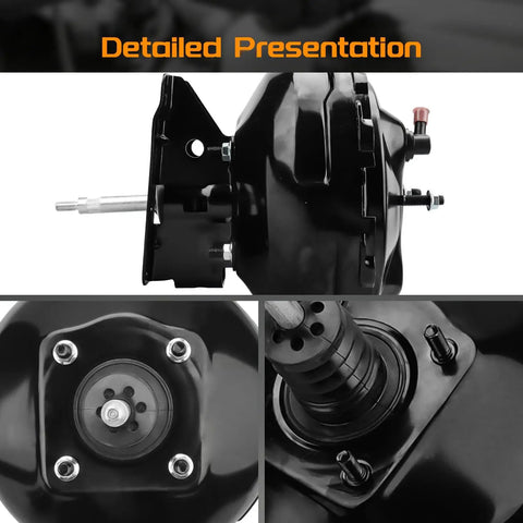 Heavy Duty Premium Vacuum Power Brake Booster For Chevy And Gmc Pickups 1981 To 1991 showing side and top views with black steel housing.