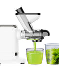 GVODE Electric Cold Press Juicer Masticating With Dual Feed Chute 700W Powerful Motor Ultra Quiet Design filling a cup with green juice.