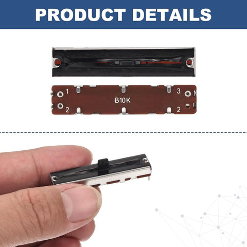 Five Pack Straight Linear Slide Potentiometers 3 Pin B10K 45mm Body, 30mm Travel, product details view