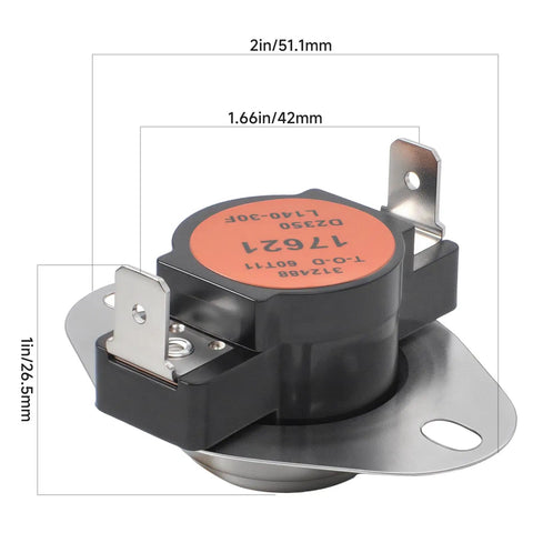 Close-up of Furnace Temperature Limit Switch Replacement for Coleman York and Evcon, model L140-30F, with size dimensions shown.