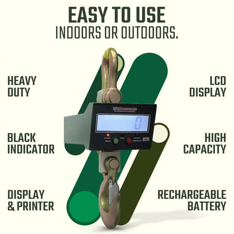 Rock Solid Wireless Crane Scale With 40000 Lb Capacity And Vivid Lcd Panel Plus Broad Signal Remote For Heavy Duty 300 Ft Loads on a hook display.