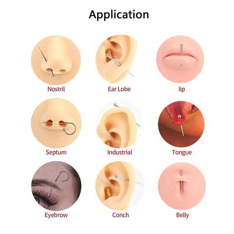 Titanium Threadless Piercing Tapers Set 16G 18G 20G With Curved And Straight Insertion Pins shown for various piercings applications