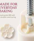 White Cherry Blossom Mooncake Mold With 30g Hand Press Cookie Stamp showing durable metal spring and ABS material.