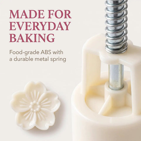 White Cherry Blossom Mooncake Mold With 30g Hand Press Cookie Stamp showing durable metal spring and ABS material.