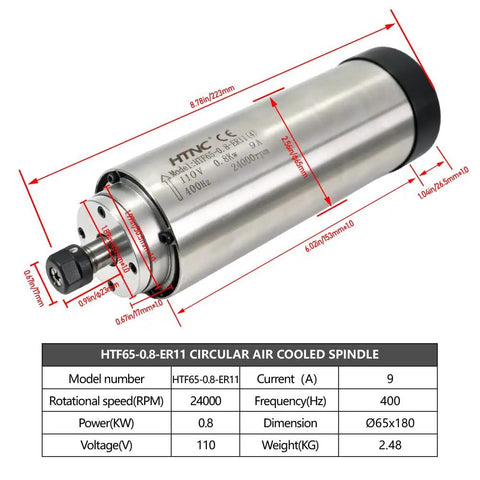 Heavy Duty Air Cooled CNC Spindle ER11 0.8kW 24000RPM 220V 400Hz Motor Precision Router Milling Machine Engraver Tool close-up with dimensions.