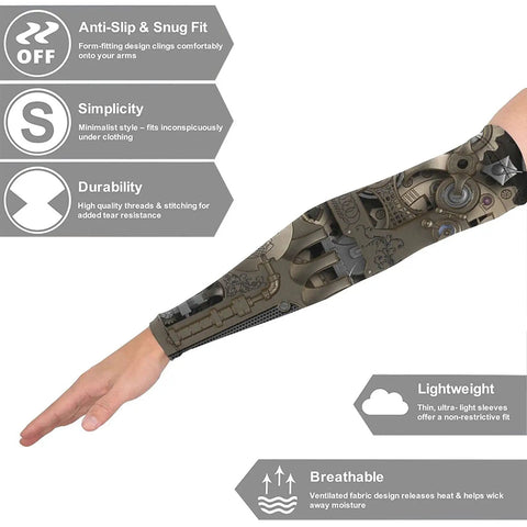 Kick The Heat With These Badass Steampunk Mechanical Gears Arm Sleeves Offering Superior UV Blocking And Sweat Free Compression Unisex Sun Guards Ready For Gravel Roads And Weekend Trail Blazing In Crisp White, showcasing a hand in a compression sleeve with intricate gear prints.