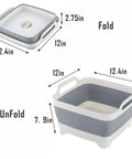 Collapsible Dish Basin With Drain Plug And Drainer 9L 2.4 Gallon portable wash basin folded and unfolded with measurements