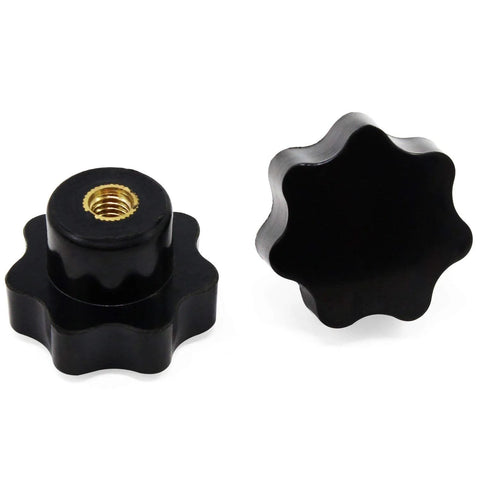 M6 star-knob handles, black with brass threaded inserts, front and side views, 2 pcs
