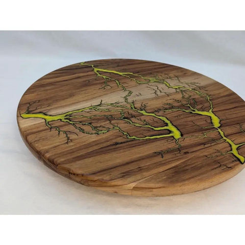 Handmade 17 Inch Lazy Susan Turntable with resin finish, featuring unique green resin veins on rustic wooden surface