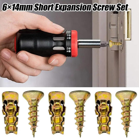Hand using 6x14mm Short Expansion Screw Set for Cabinet Hinge Repair with screws close-up