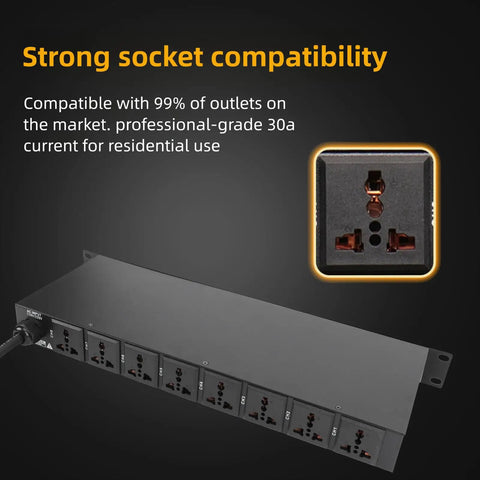 Rock Solid 10 Outlet Power Sequencer With Digital Display And Surge Guard For Home Studio Gear US Plug showing 10 outlet compatibility.