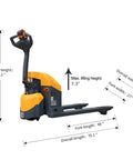 4400 Lbs Heavy Duty Electric Pallet Jack With Extended 6-8 Hour Runtime For All Day Warehouse Work showing overall dimensions and specifications.