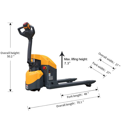 4400 Lbs Heavy Duty Electric Pallet Jack With Extended 6-8 Hour Runtime For All Day Warehouse Work showing overall dimensions and specifications.