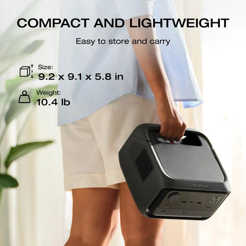 Person carrying RIVER 3 Plus Portable Power Station with 286Wh LiFePO4 Battery, showing compact size and lightweight design