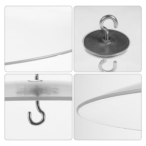Weatherproof Outdoor Bird Feeder Cover Dome with iron hanging bracket, close-up views of edges and hook attachment.