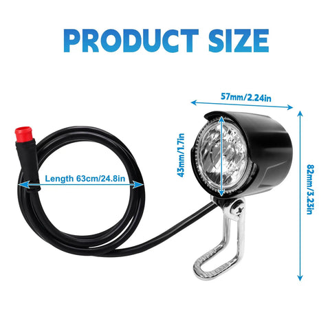 All Purpose Ebike Headlight With 2 Pin Waterproof Connector And Wide DC 6V To 60V Range 30 Lux Brightness Product Size