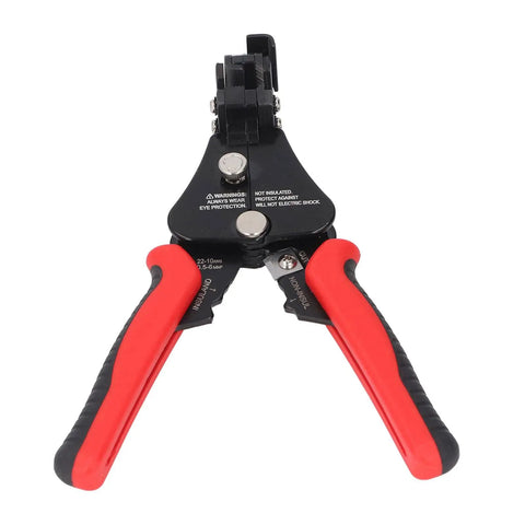 Heavy Duty Automatic Wire Stripper Cutter Crimping Tool 3 In 1 Adjustable for 10 To 22 Awg showing red rubber grips and zinc alloy frame.