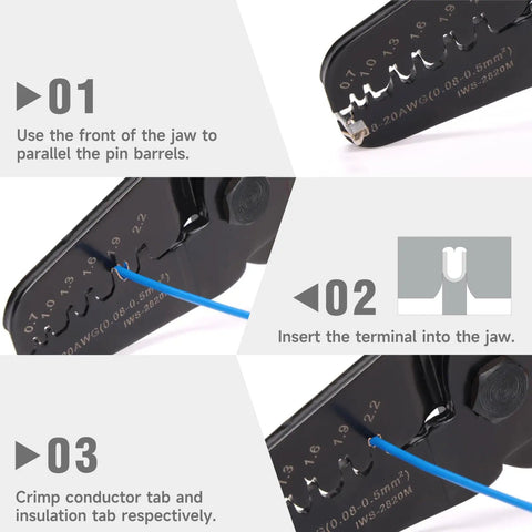 Steps using Pro Grade Mini Micro Open Barrel Crimping Tool for AWG 28 20 Terminals including JAM, Molex, Tyco, JST.