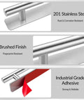 Close-up of 6 Inch Brushed Stainless Cabinet Pulls Self Adhesive No Drill Drawer Handles showing adhesive strip.