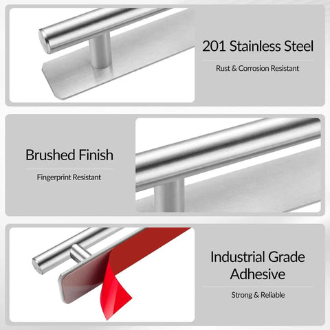 Close-up of 6 Inch Brushed Stainless Cabinet Pulls Self Adhesive No Drill Drawer Handles showing adhesive strip.