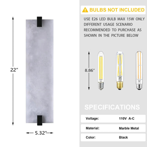 22" Natural Square Alabaster Marble Modern Bathroom Black Wall Sconce with dimensions and bulb specifications.