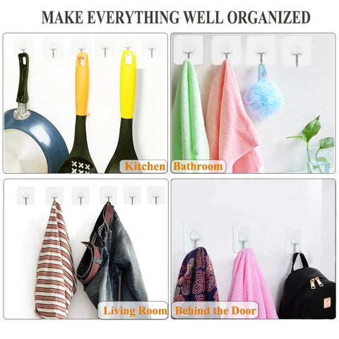 Adhesive Hooks Heavy Duty 15 Lbs Max Reusable Transparent Stick On Wall Hangers For Hanging Towels Robes Keys Bags In Bathroom Kitchen Outdoors 10 Pack No Nails Needed, showing use in different rooms.