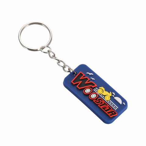 Blue Woostar keychain with scooter design, metal chain and ring