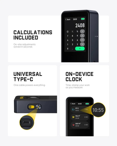 Pro Grade Laser Distance Meter With 2.4 Inch IPS Touchscreen, 178 Degree Viewing, 165 Feet Range, Angle Sensor, Bubble Level, Large Font Readouts, Built For Quick, Easy Measurements On The Job Site, shown with touchscreen, USB-C, and clock display