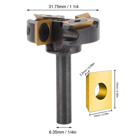 Heavy Duty Slab Flattening Router Bit With 1/4 Inch Shank And Tungsten Carbide Spoilboard Surfacing Planer showing 4 Ti coated blades.