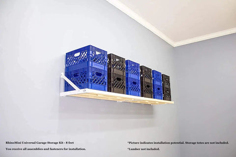RhinoMini Universal Garage Storage Kit Heavy Duty Wall Mount System 8 Foot Total Holds 650 Lbs Per 4 Foot Section with crates