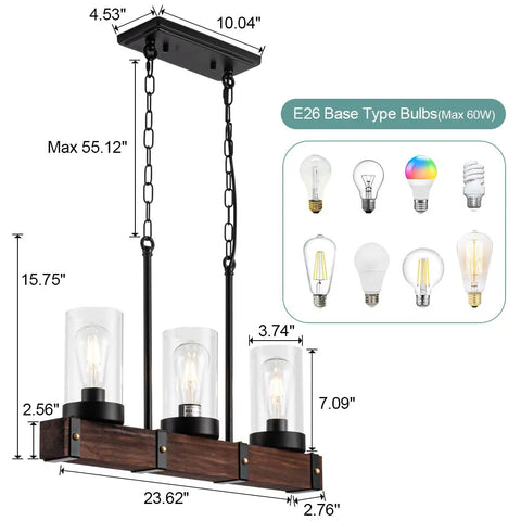 Diagram of Dark Brown Farmhouse Kitchen Island Light Fixtures With 3 Light Over Table Black Barn Wood Island Lighting For Kitchen And Pool Table 23 Inches Great For Dining Rooms And Open Concept Kitchens Or Bar Counters with dimensions and bulb types