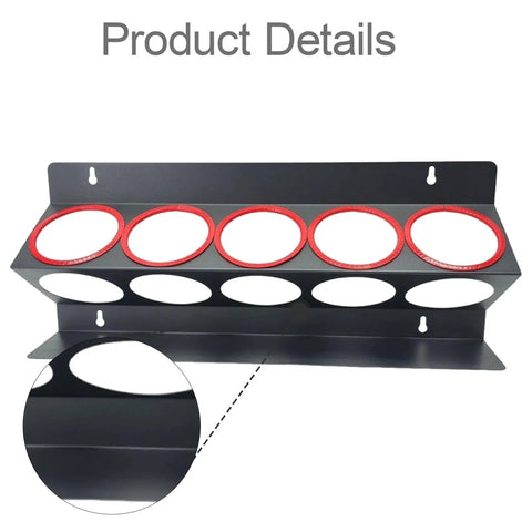 Heavy Duty Iron Wall Mount Spray Bottle Rack For Garage And Shed Storage showing five holes for bottles and black iron material.