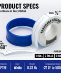 PTFE Thread Seal Tape For Plumbing, Plumbers Tape, white, 460 inch length, half inch width, shown in packaging with specs.