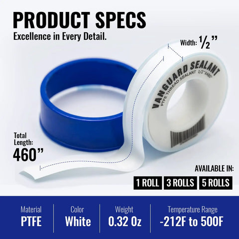 PTFE Thread Seal Tape For Plumbing, Plumbers Tape, white, 460 inch length, half inch width, shown in packaging with specs.